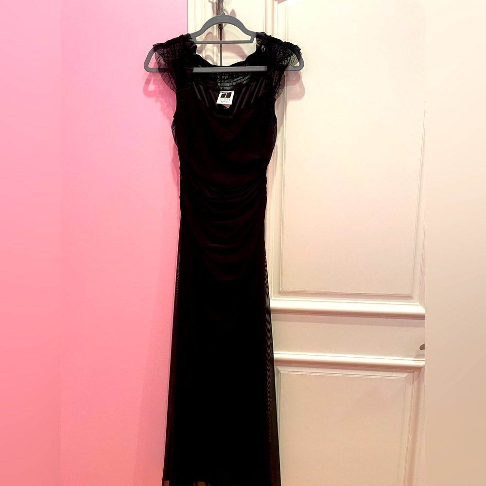 Tadashi Black Floor length gown with capped sleeves.